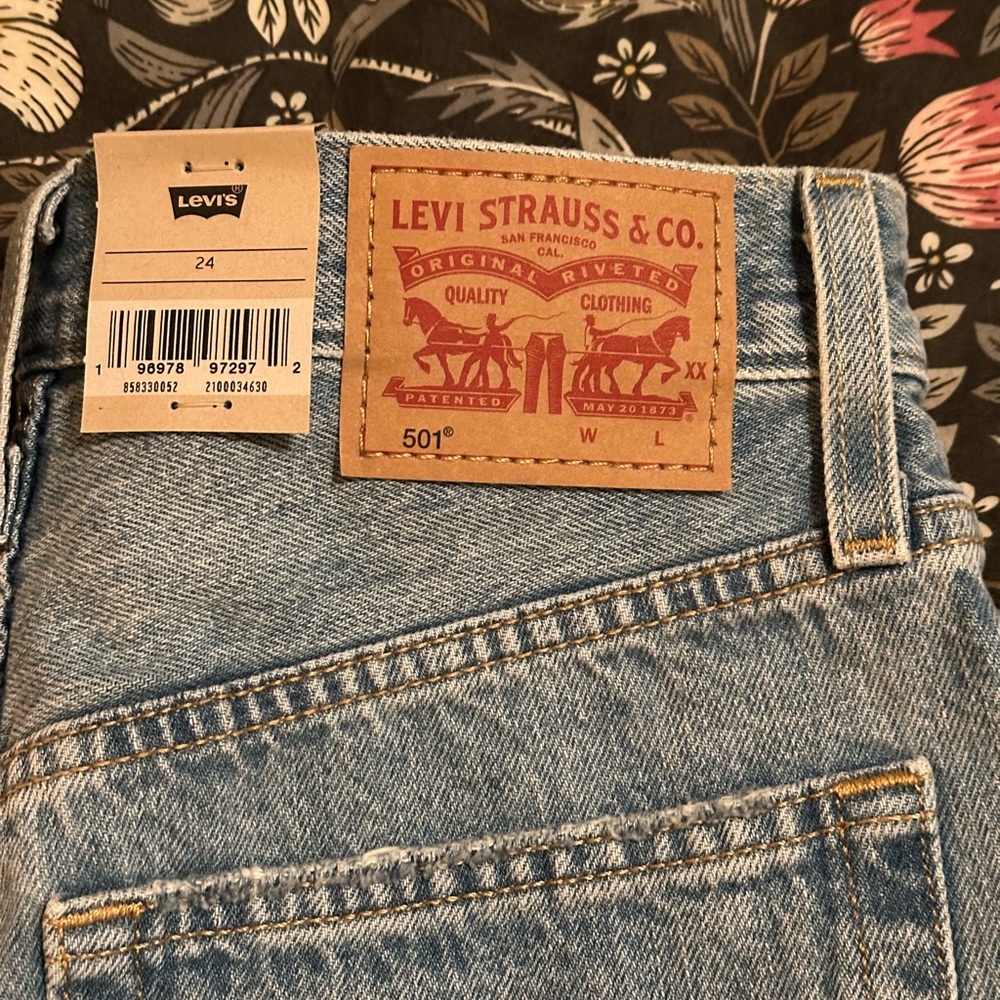 Levi's 501 Mid Thigh High Rise Jean Shorts Deconstructed Medium Indigo 24 - Picture 6 of 7